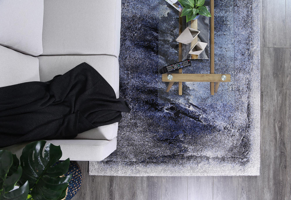 Chelsea Blue and Grey Abstract Bordered Modern Rug